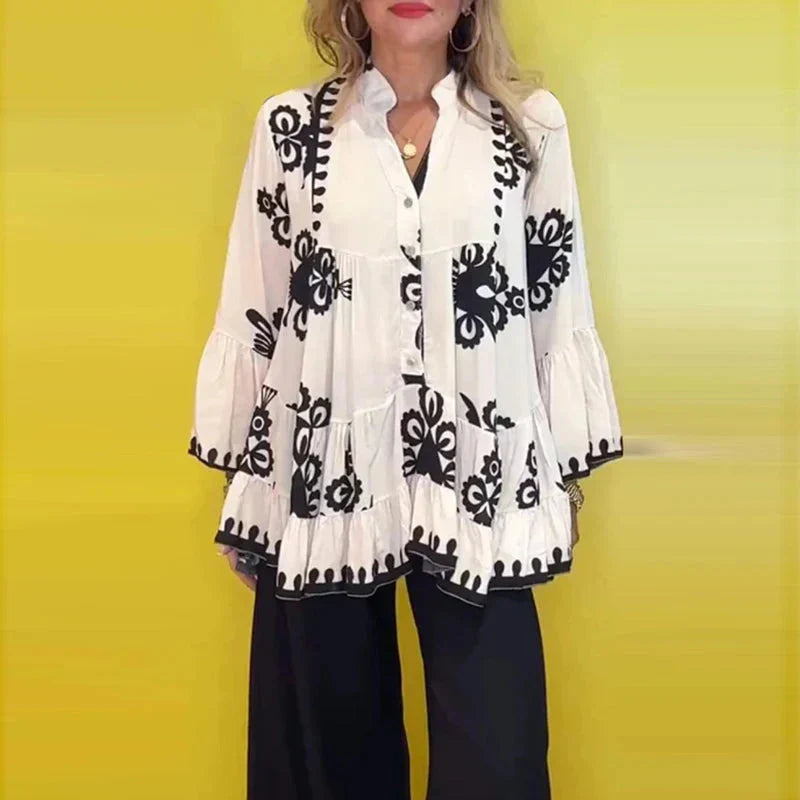 Ada Piemonte™ Boho styl knoflík vpředu volné volánky top