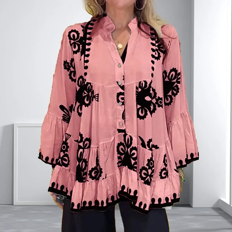 Ada Piemonte™ Boho styl knoflík vpředu volné volánky top