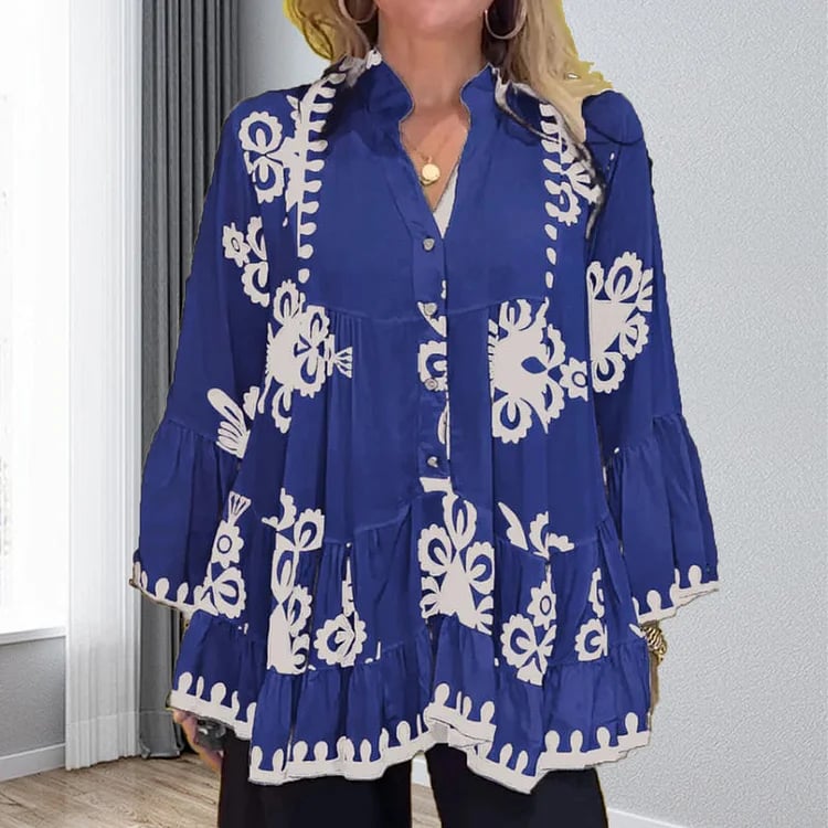 Ada Piemonte™ Boho styl knoflík vpředu volné volánky top
