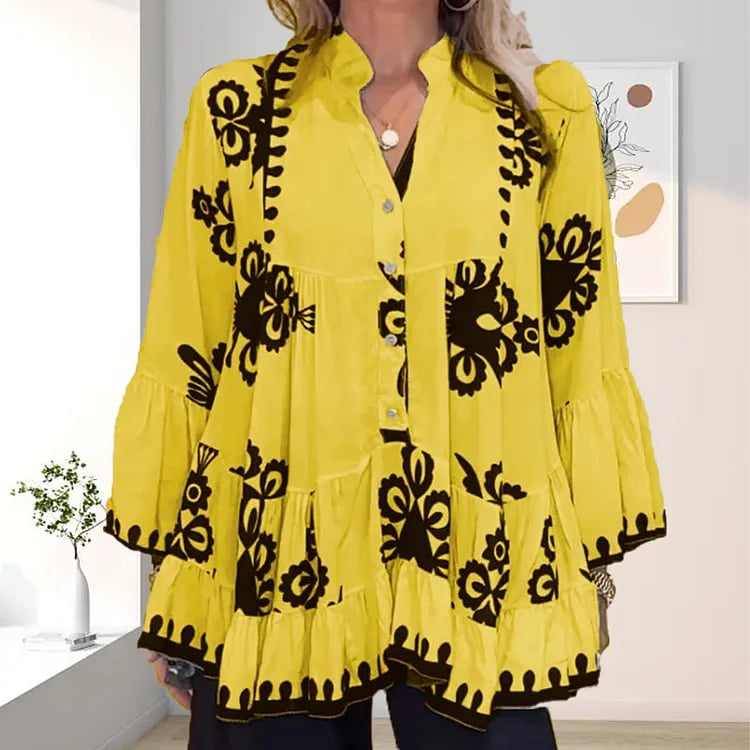 Ada Piemonte™ Boho styl knoflík vpředu volné volánky top