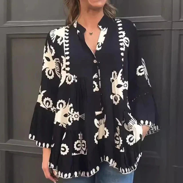 Ada Piemonte™ Boho styl knoflík vpředu volné volánky top