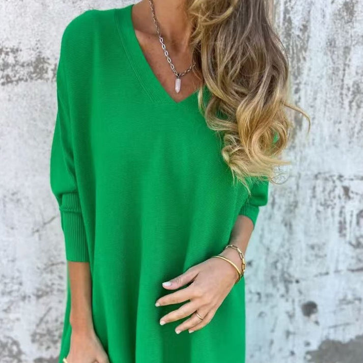 Agata Burgo™ Pletený volný top s dlouhým rukávem a výstřihem do V