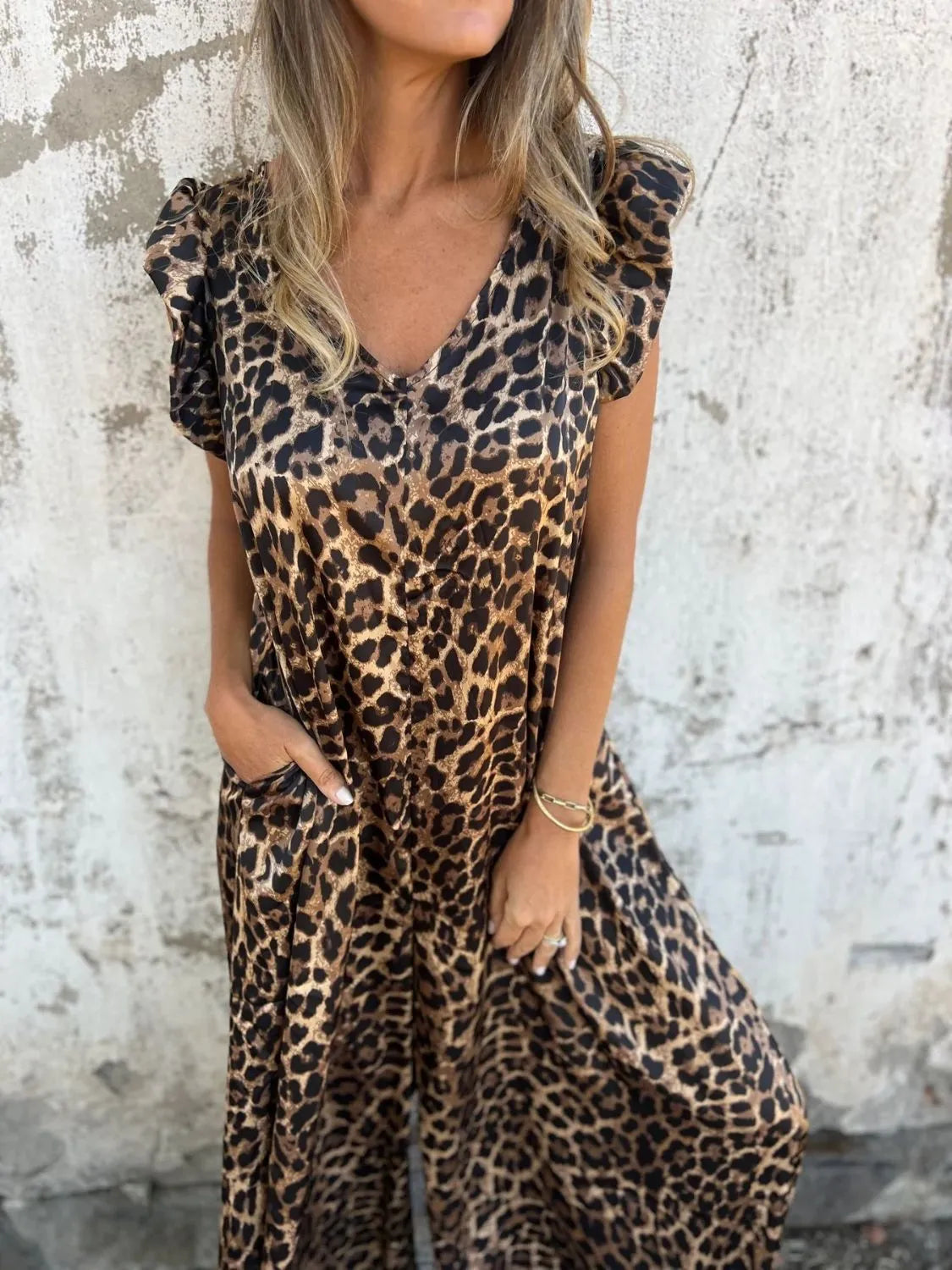Azzurra Fradella™ Dámský overal výstřihem do V a leopardím potiskem