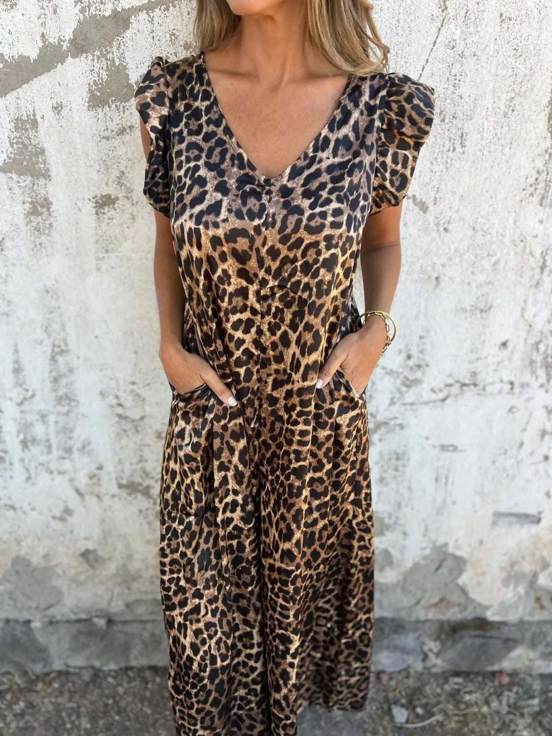 Azzurra Fradella™ Dámský overal výstřihem do V a leopardím potiskem