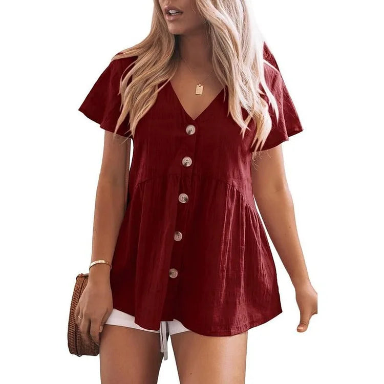 Cloe Loi™ Top s výstřihem do V zapínáním na knoflíky a volány