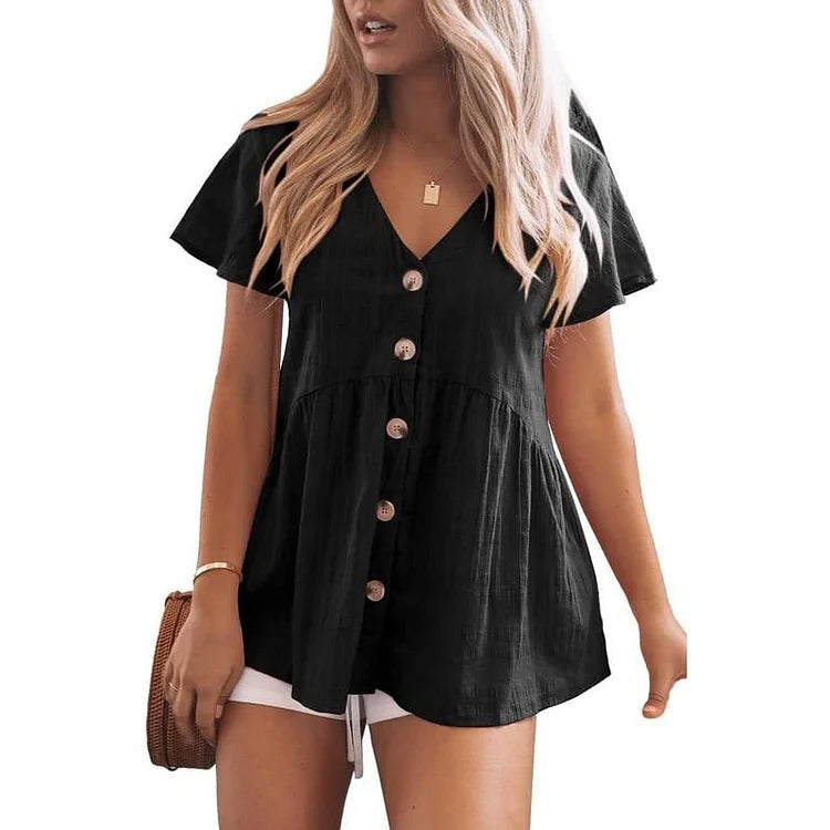 Cloe Loi™ Top s výstřihem do V zapínáním na knoflíky a volány