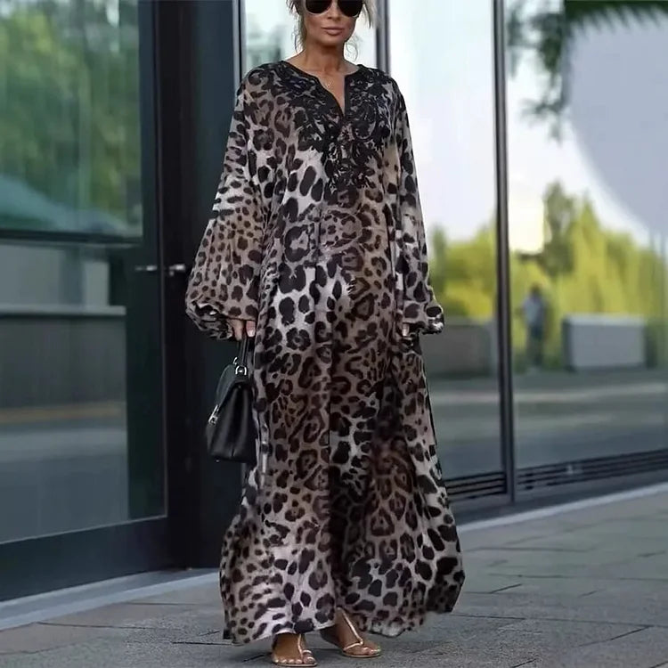 Idea Perrelli™ Elegantní šaty s dlouhým rukávem a leopardím vzorem