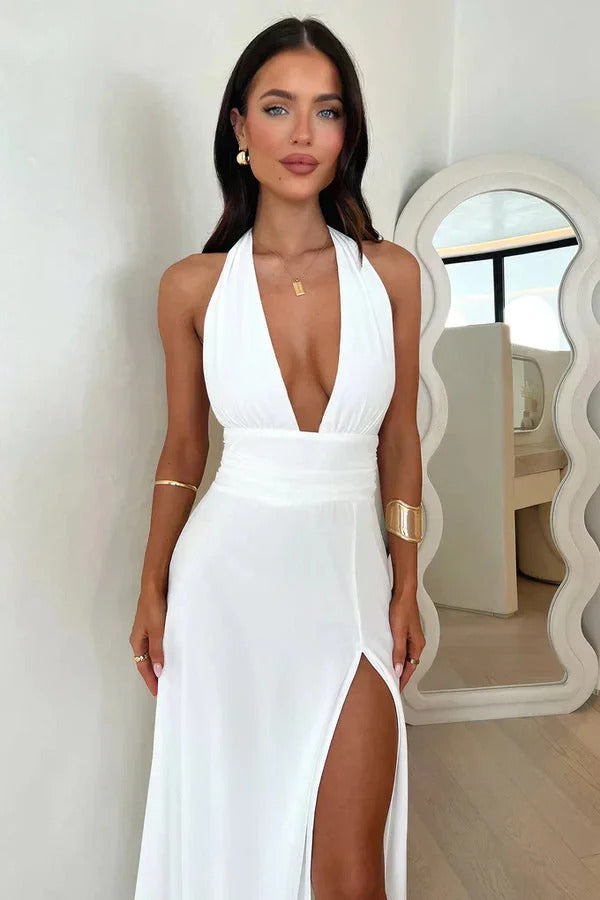 Linda Mitri™ Elegantní dlouhé šaty za krk s výrazným výstřihem