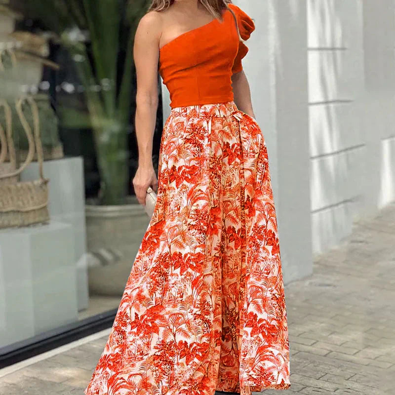 Melissa™ Kalhoty s puff rukávem na jedno rameno a květinové kalhoty