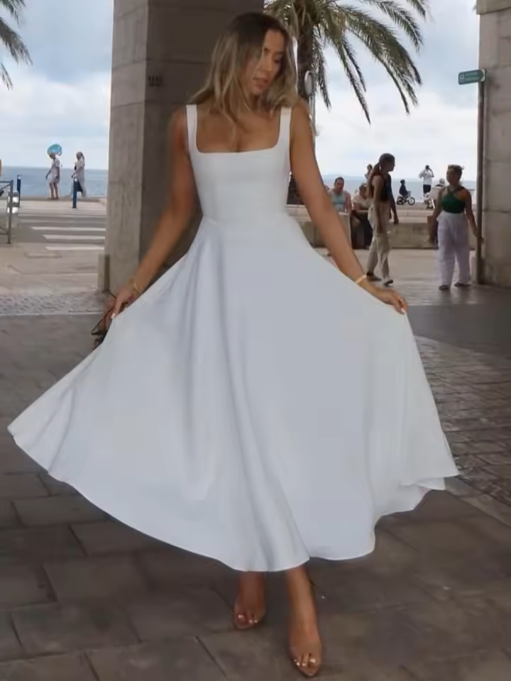 Michela Melino™ Midi šaty s nízkým pasem a čtvercovým výstřihem