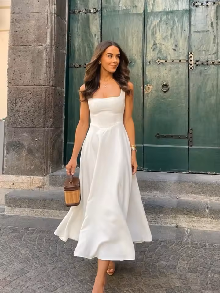 Michela Melino™ Midi šaty s nízkým pasem a čtvercovým výstřihem