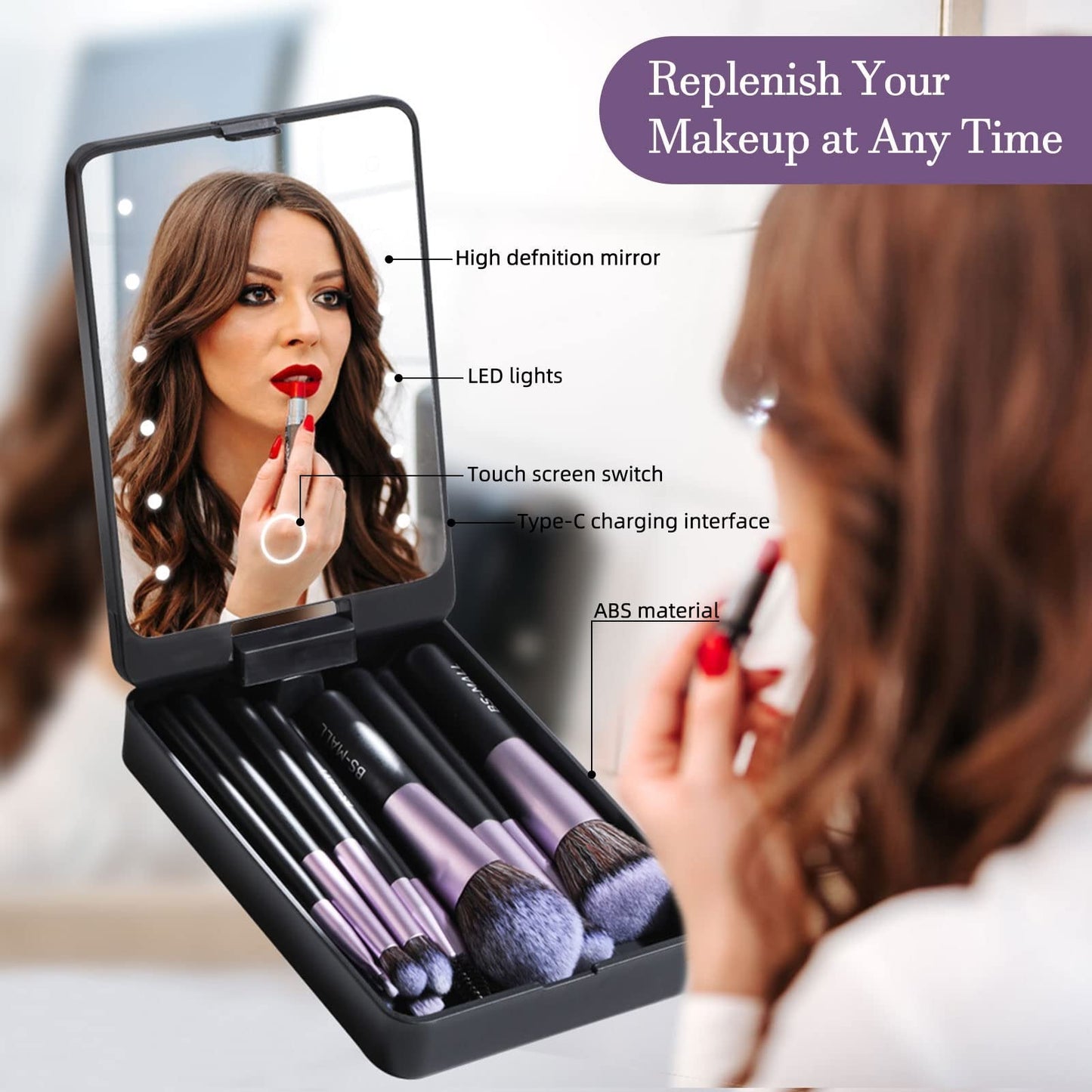 MiniLume™ Přenosný make-up box s LED světlem a 5ks štětci