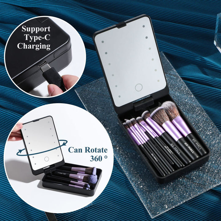 MiniLume™ Přenosný make-up box s LED světlem a 5ks štětci
