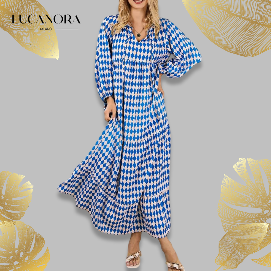 Miriam™ Geometrické bohémské maxi šaty s puff rukávy