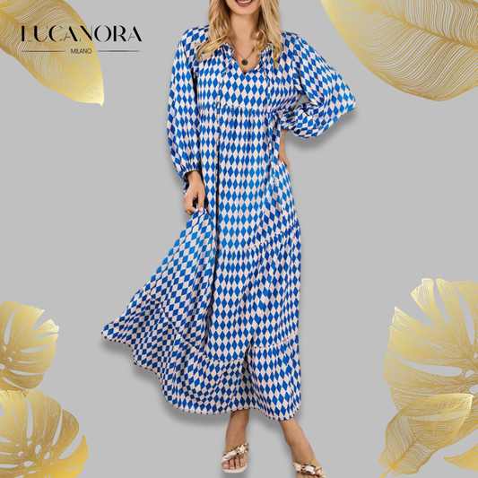Miriam™ Geometrické bohémské maxi šaty s puff rukávy