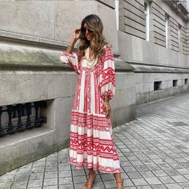 Miriam™ Geometrické bohémské maxi šaty s puff rukávy