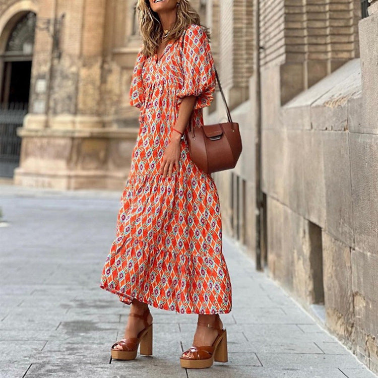 Miriam™ Geometrické bohémské maxi šaty s puff rukávy