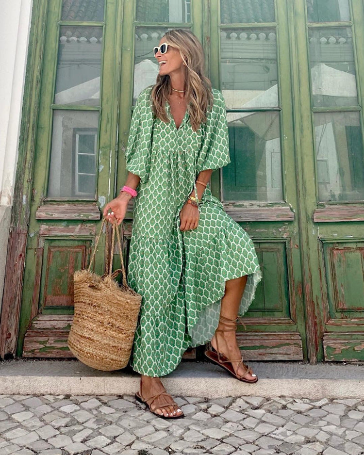 Miriam™ Geometrické bohémské maxi šaty s puff rukávy
