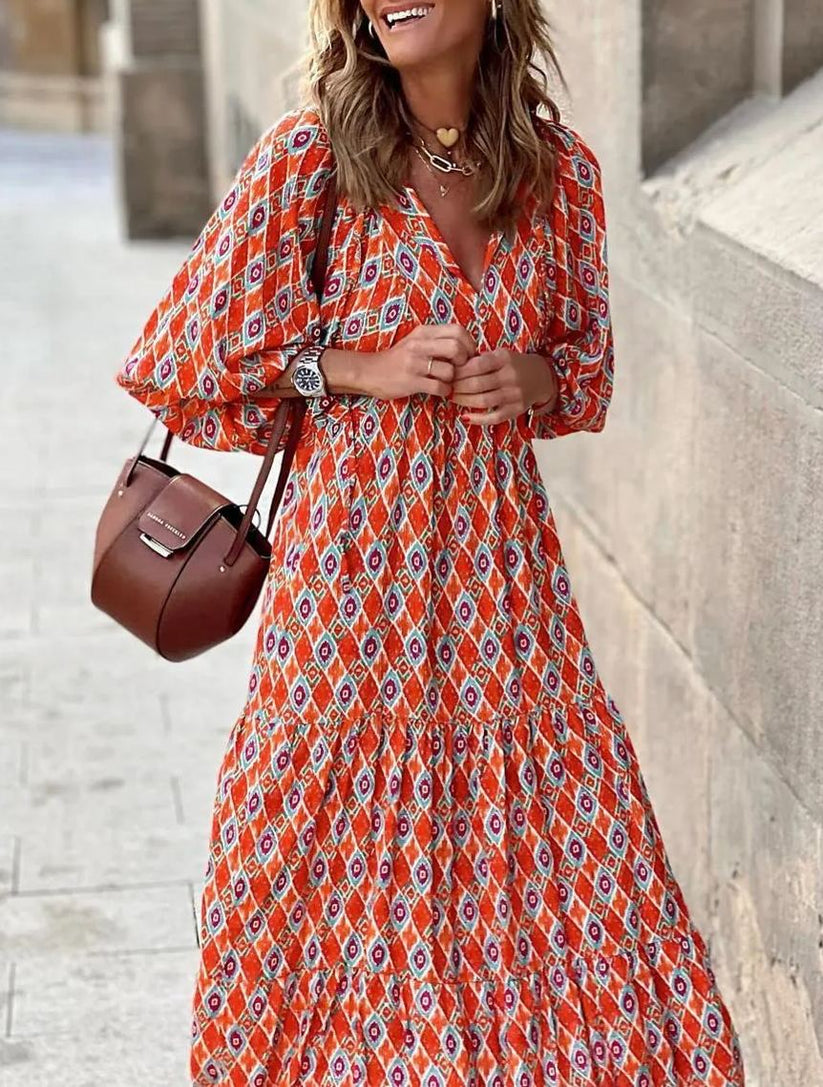 Miriam™ Geometrické bohémské maxi šaty s puff rukávy