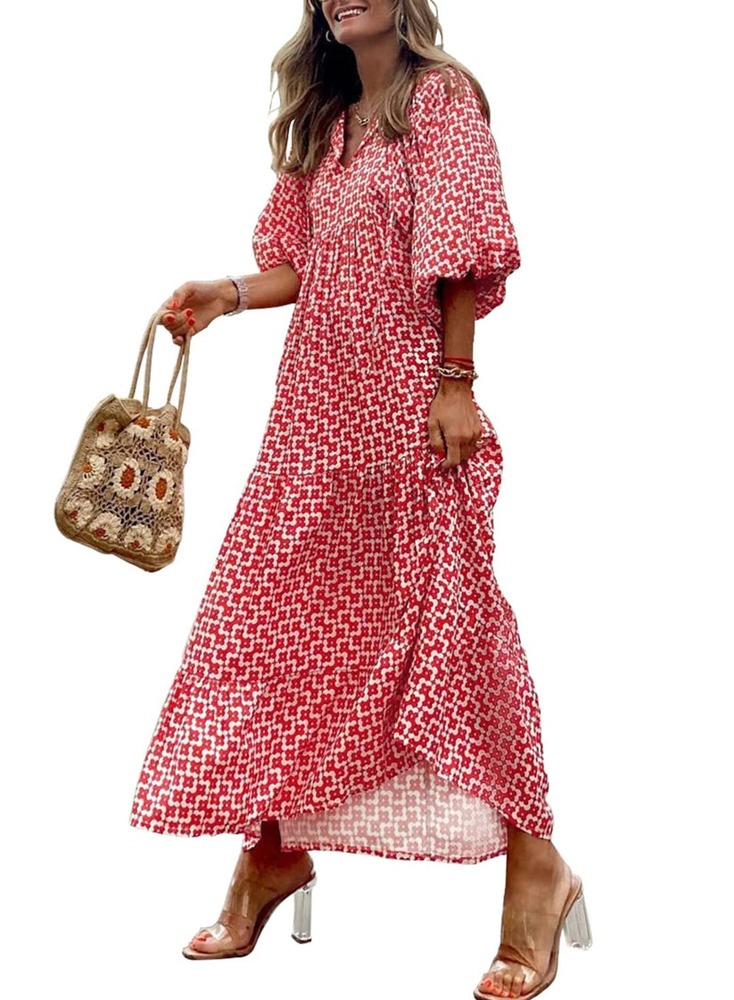 Miriam™ Geometrické bohémské maxi šaty s puff rukávy