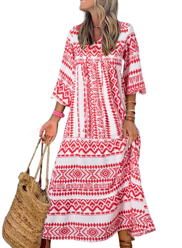 Miriam™ Geometrické bohémské maxi šaty s puff rukávy