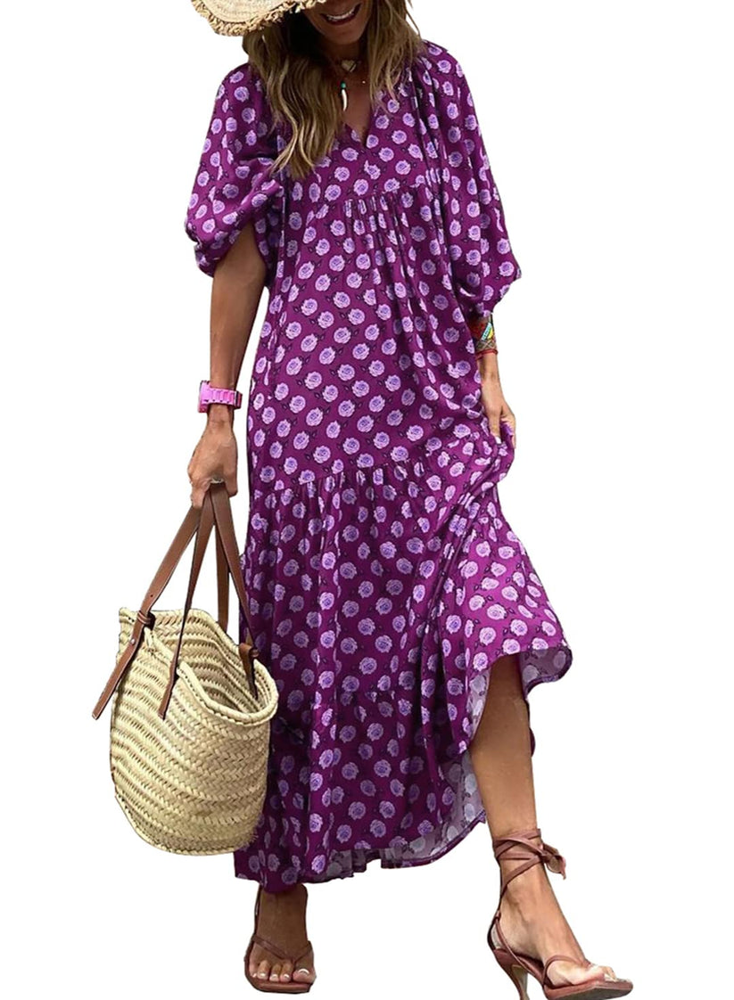 Miriam™ Geometrické bohémské maxi šaty s puff rukávy
