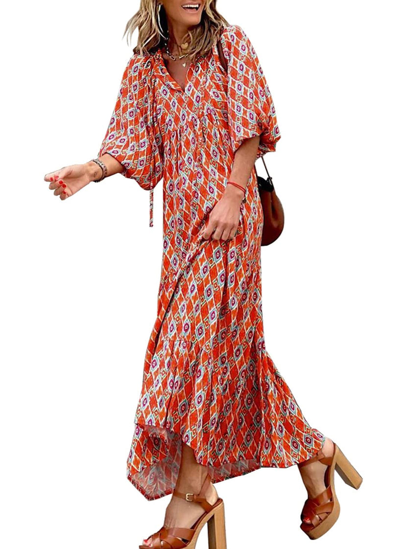 Miriam™ Geometrické bohémské maxi šaty s puff rukávy
