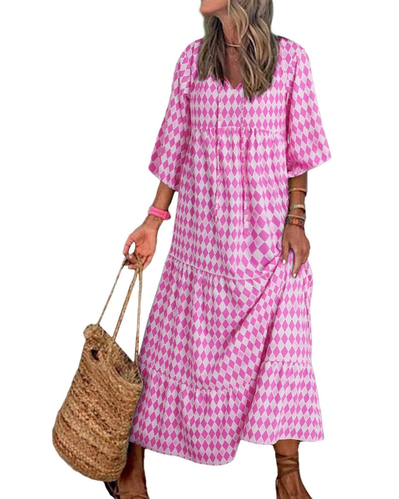 Miriam™ Geometrické bohémské maxi šaty s puff rukávy
