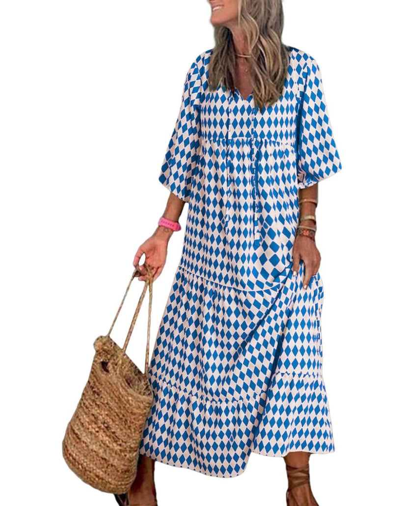Miriam™ Geometrické bohémské maxi šaty s puff rukávy