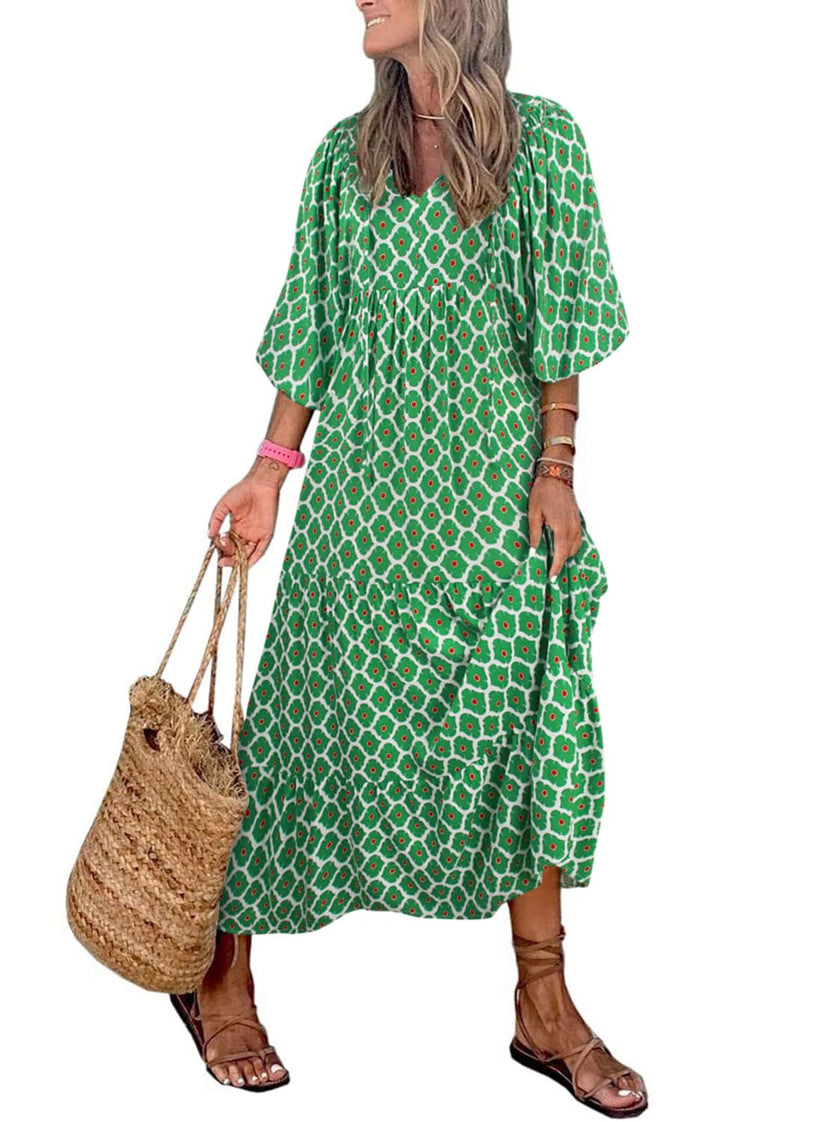 Miriam™ Geometrické bohémské maxi šaty s puff rukávy