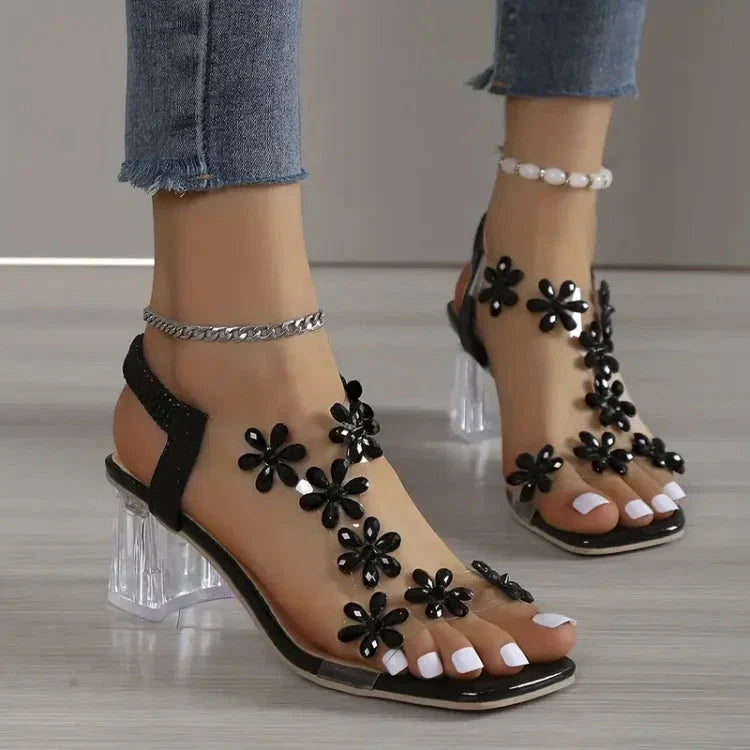 Rhinestone™ Dámské sandály s květinovými kamínky na podpatku