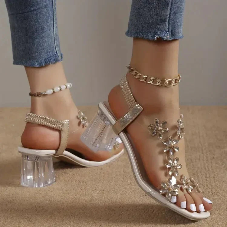 Rhinestone™ Dámské sandály s květinovými kamínky na podpatku