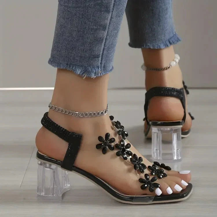 Rhinestone™ Dámské sandály s květinovými kamínky na podpatku