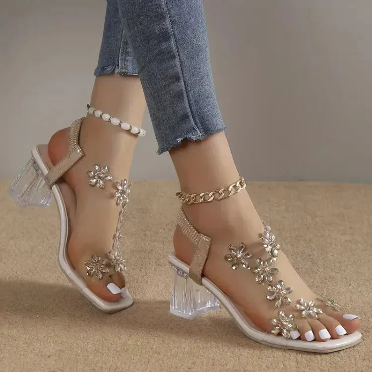 Rhinestone™ Dámské sandály s květinovými kamínky na podpatku