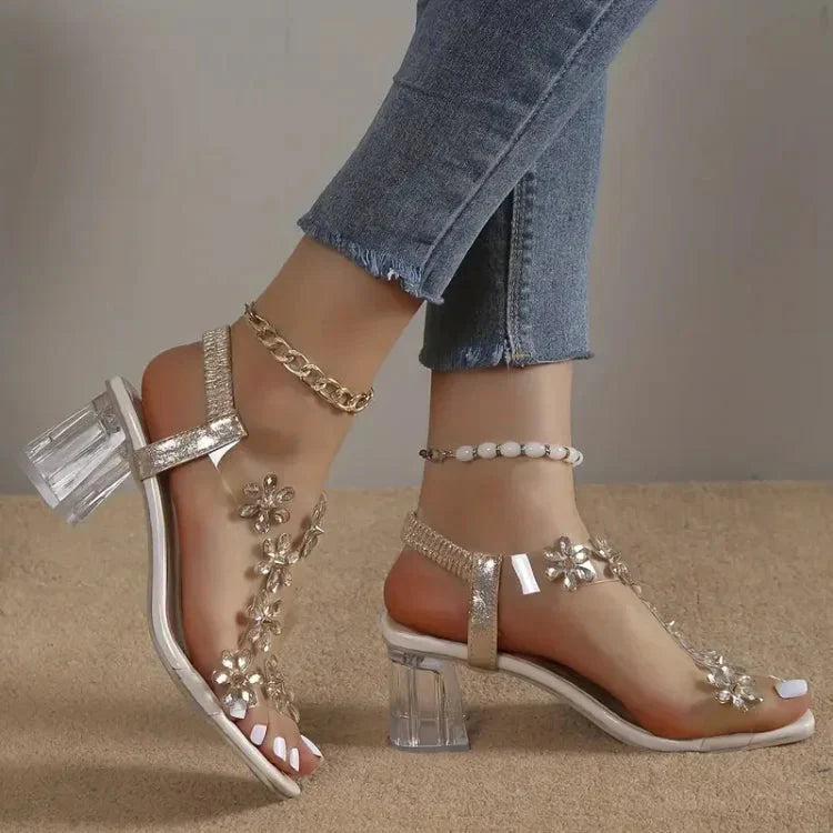 Rhinestone™ Dámské sandály s květinovými kamínky na podpatku