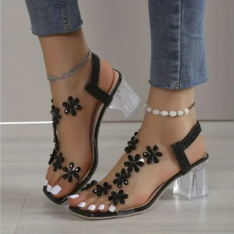 Rhinestone™ Dámské sandály s květinovými kamínky na podpatku