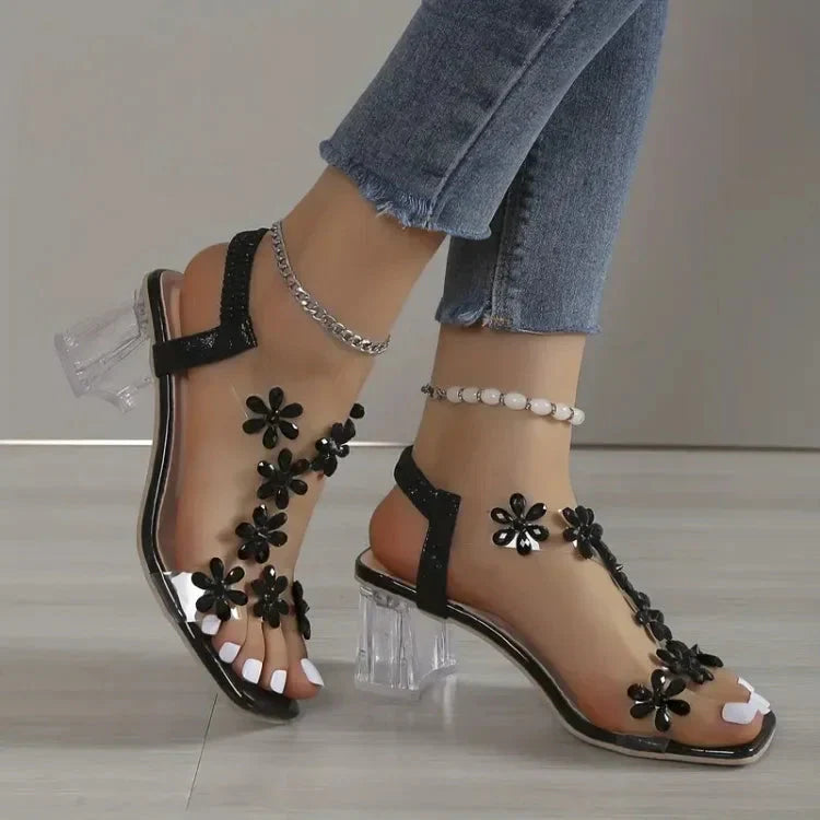 Rhinestone™ Dámské sandály s květinovými kamínky na podpatku