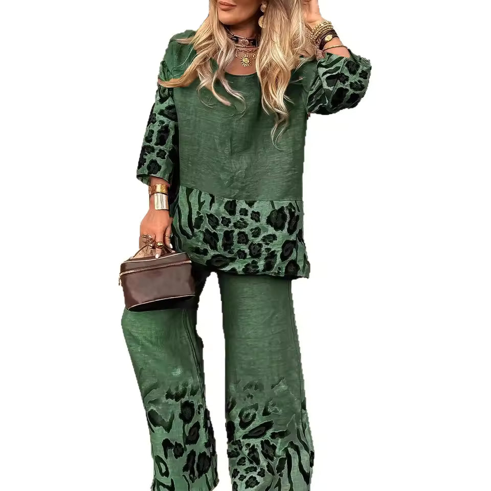 Ines Fede™ Dámský volnočasový komplet s kulatým výstřihem a leopardím vzorem
