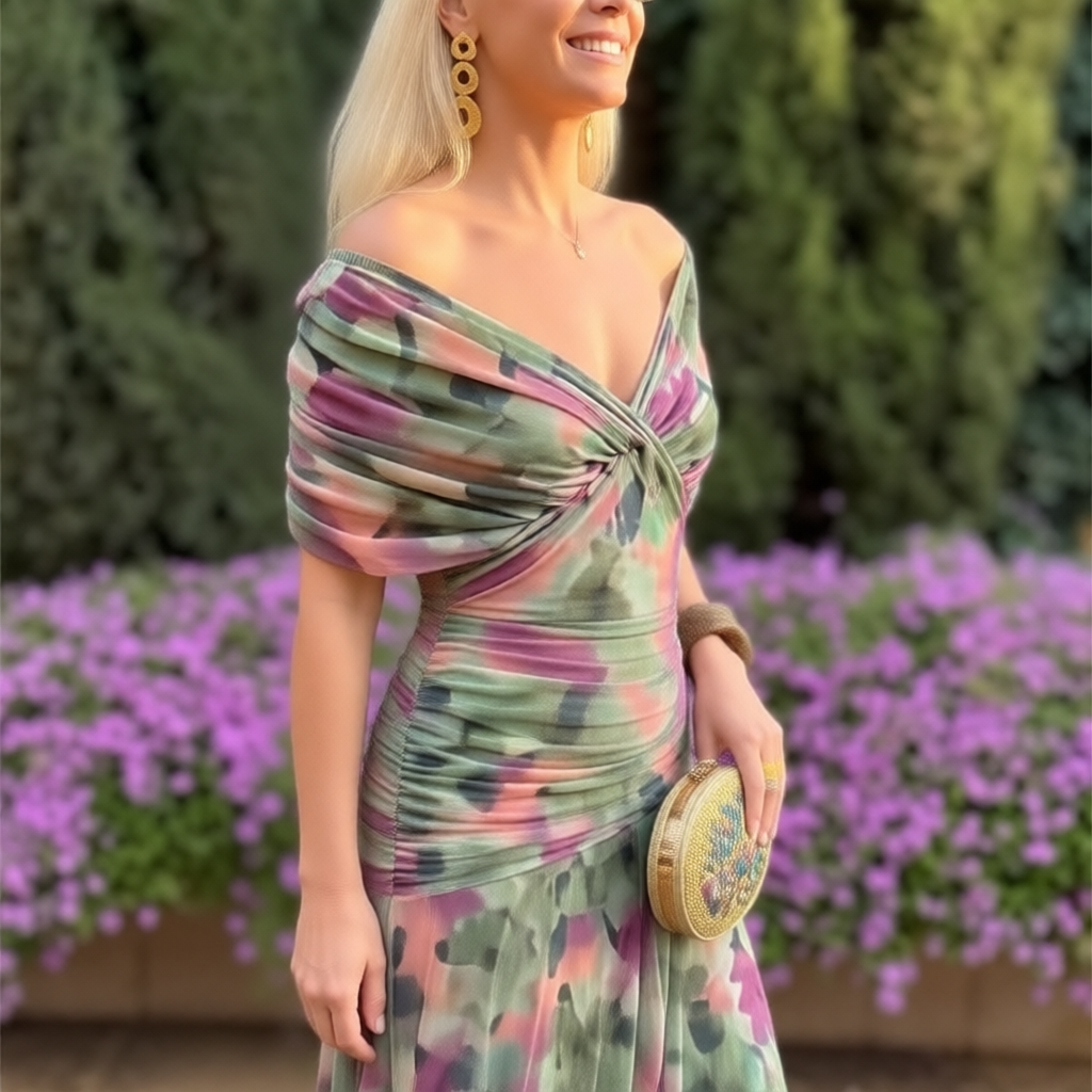 Enrichetta Bellori™ elegantní šaty s odhalenými rameny a potiskem