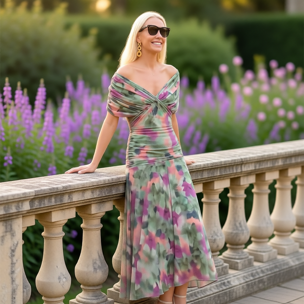 Enrichetta Bellori™ elegantní šaty s odhalenými rameny a potiskem