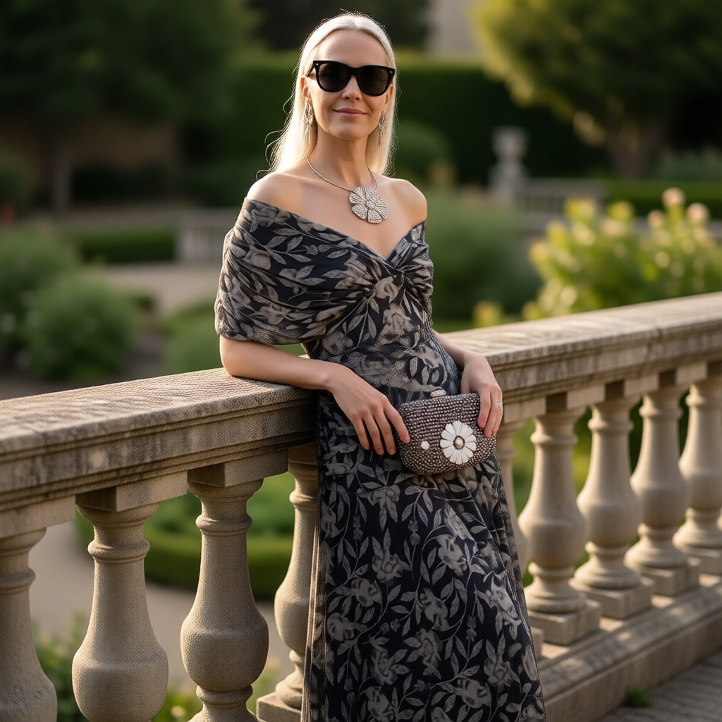 Enrichetta Bellori™ elegantní šaty s odhalenými rameny a potiskem