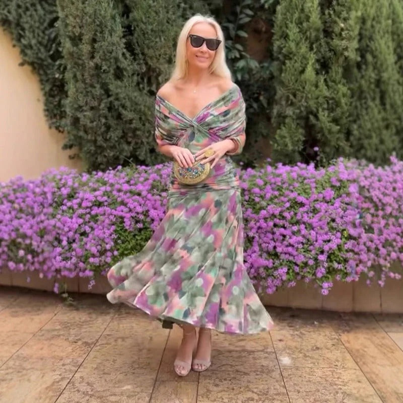 Enrichetta Bellori™ elegantní šaty s odhalenými rameny a potiskem