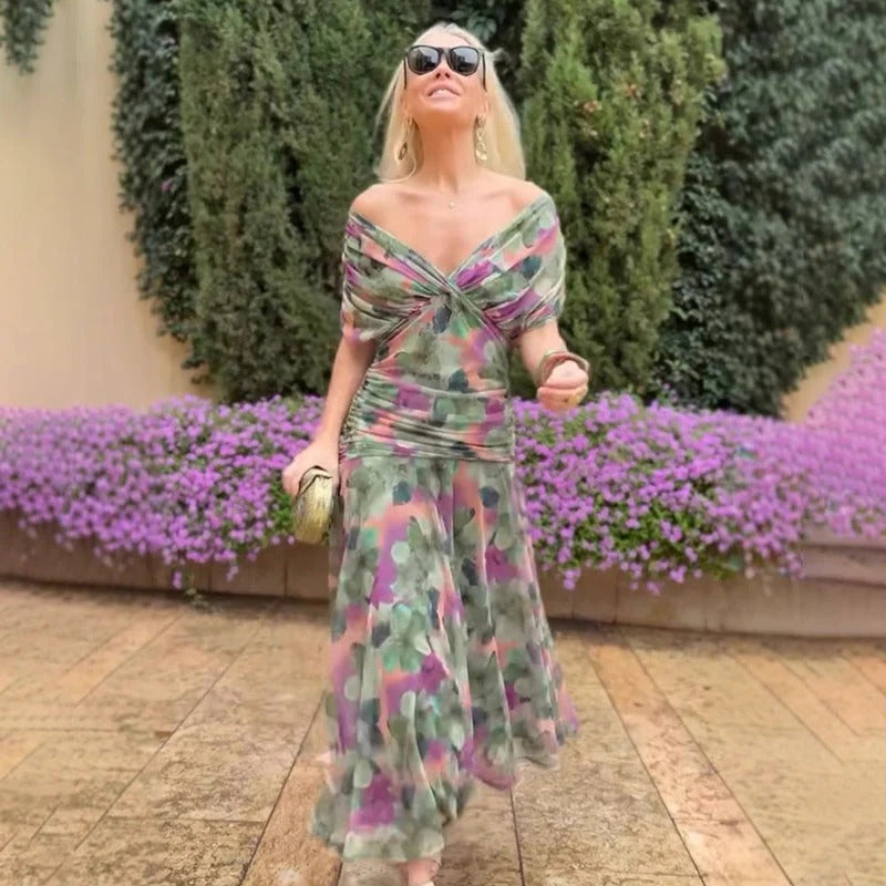 Enrichetta Bellori™ elegantní šaty s odhalenými rameny a potiskem