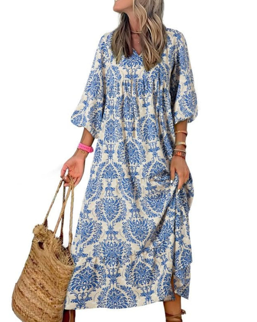 Miriam™ Geometrické bohémské maxi šaty s puff rukávy