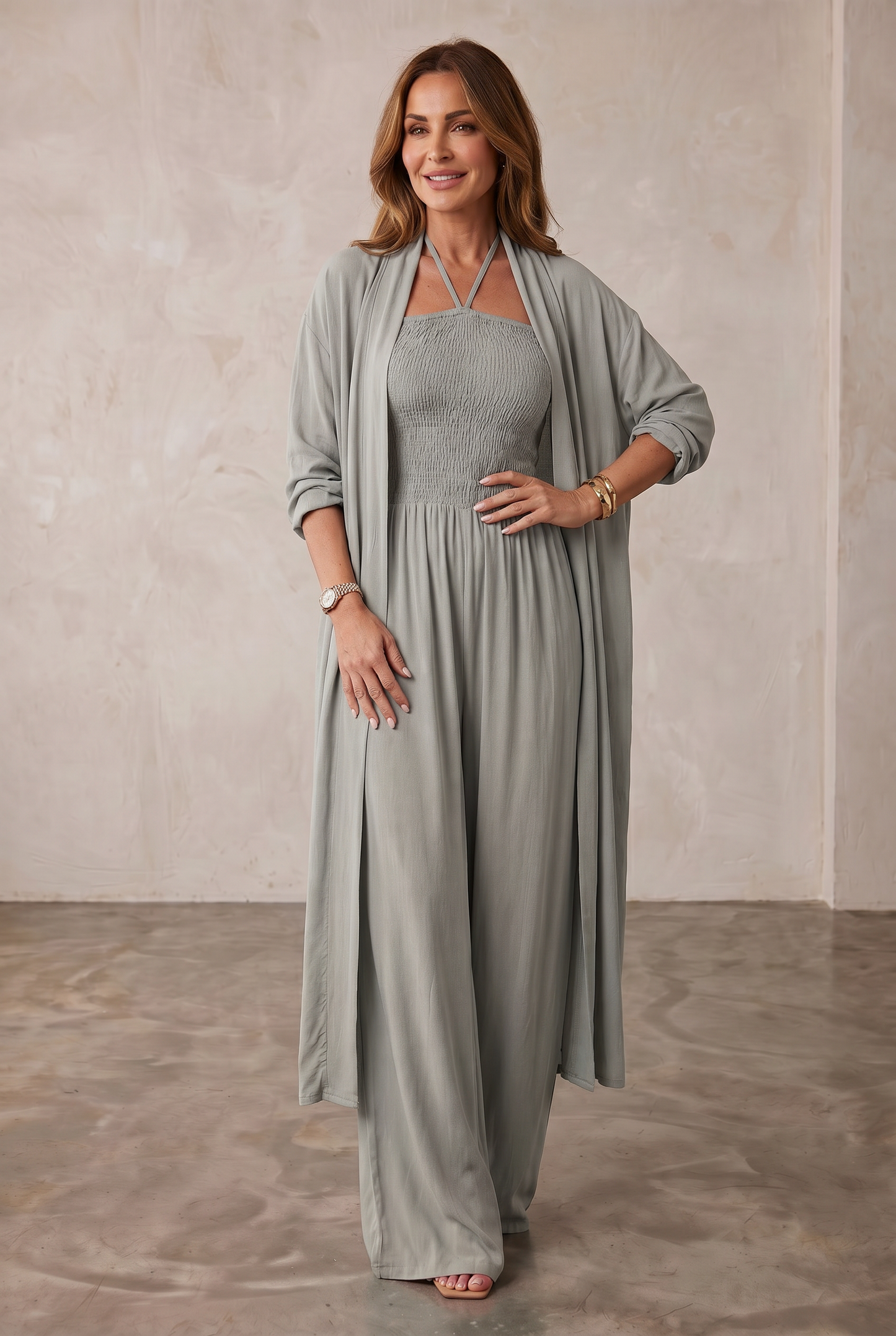 Valentina Caruso™ elegantní dvoudílná souprava s širokými nohavicemi a ramínky