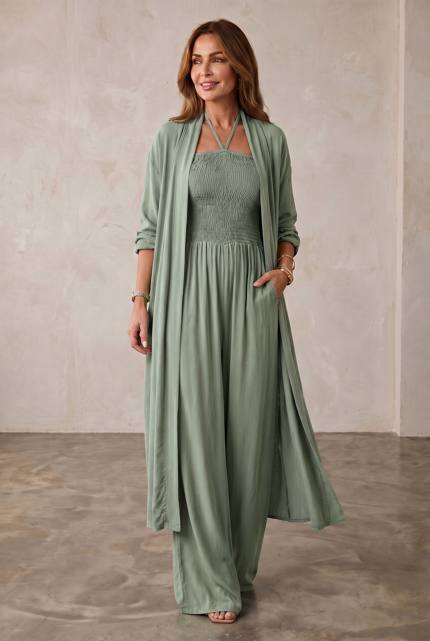 Valentina Caruso™ elegantní dvoudílná souprava s širokými nohavicemi a ramínky