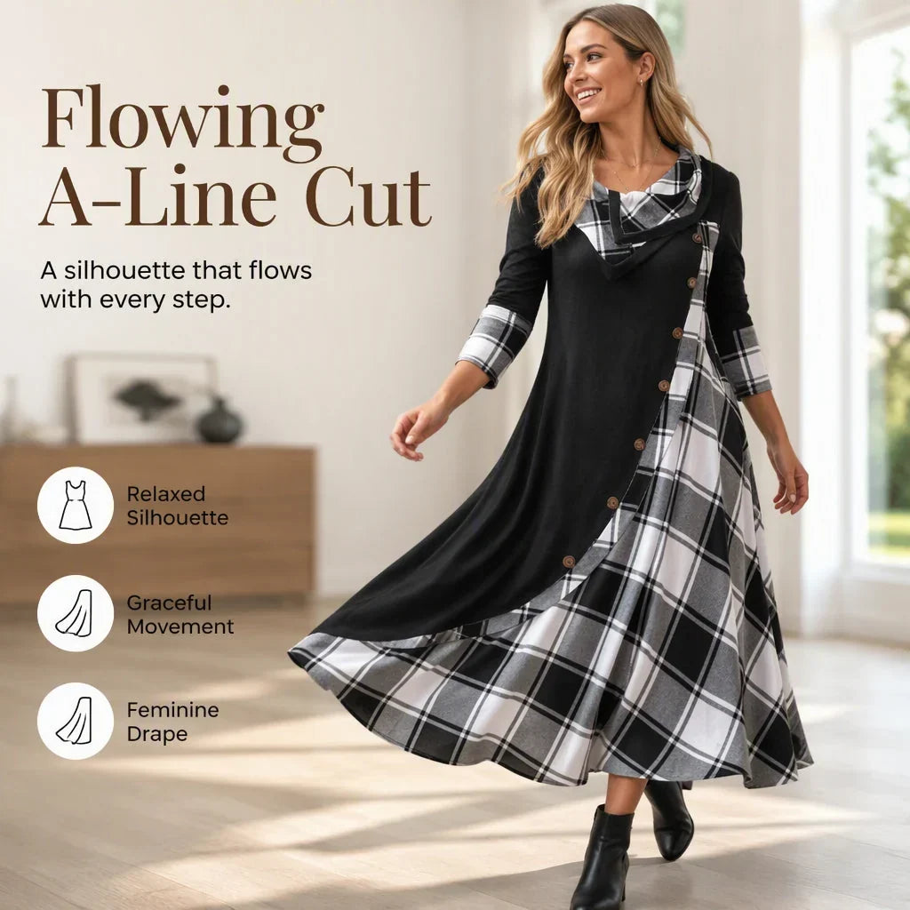 Adelaide Women Plaid Patchwork Cowl Neck Maxi Dress - main front view