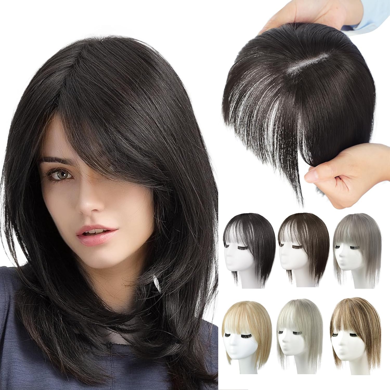 BangPro Realistic Bangs Hair Topper - women showing before and after application of bangs topper