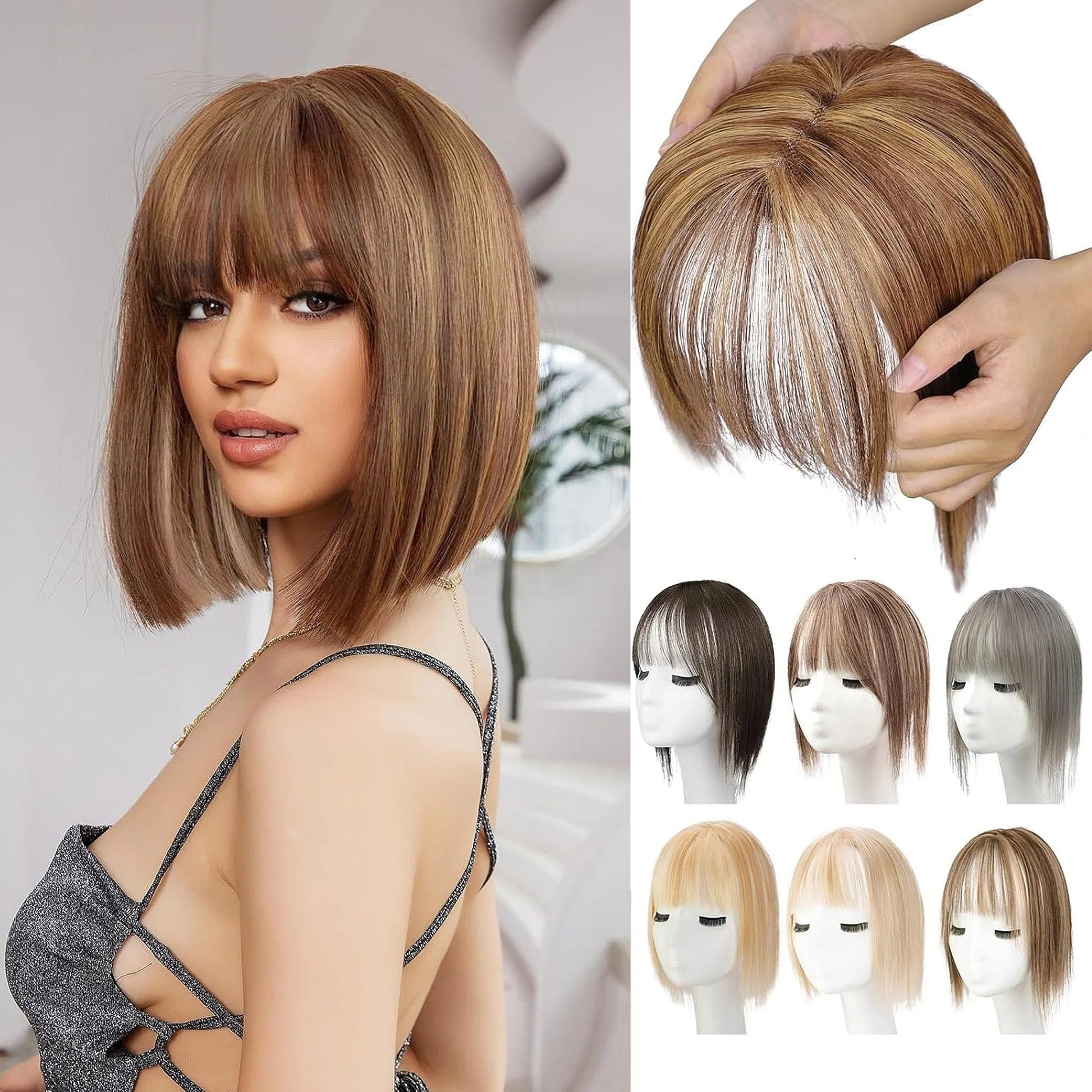 BangPro Realistic Bangs Hair Topper - woman styling natural bangs hair topper for full coverage
