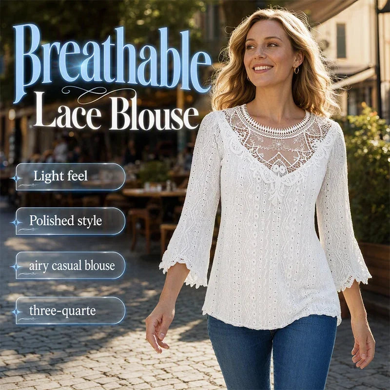 Battistina Catalano Feminine Lace Blouse - front view of women's casual lace patchwork 3/4 sleeve top